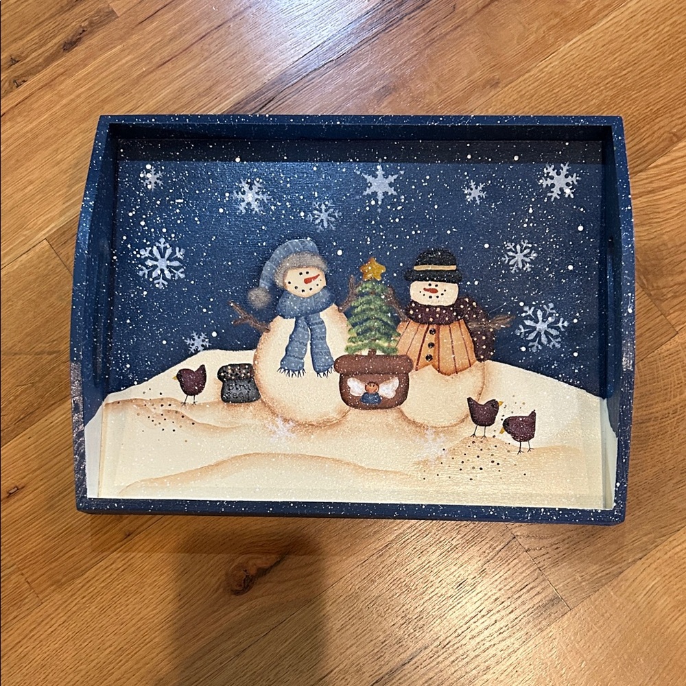 LIKE NEW 2001 Hand painted Festive Snowman Winter Wooden Tray